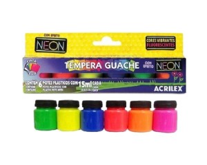 TINTA TEMPERA GUACHE NEON COM 6 CORES ACRILEX